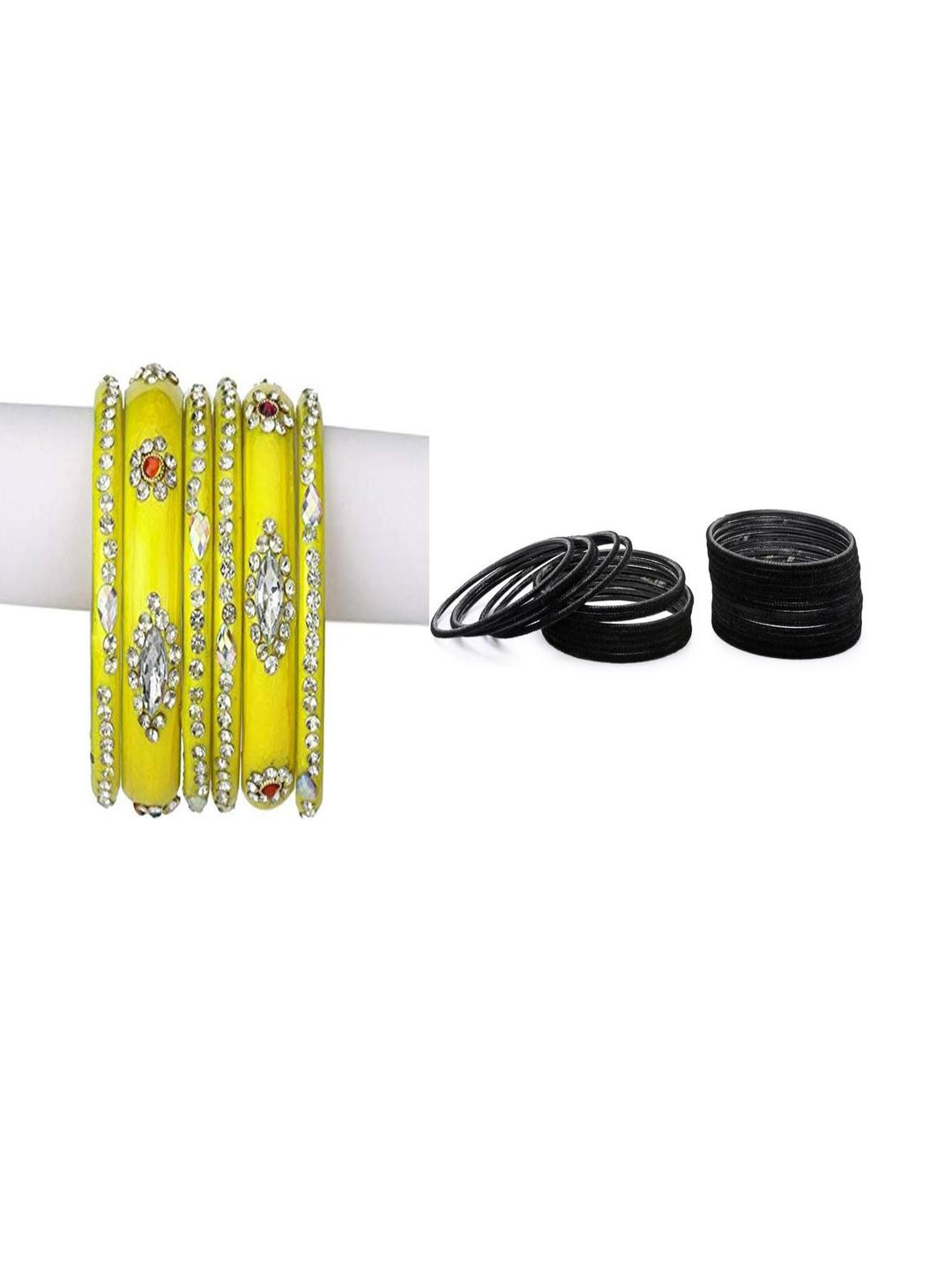 1ST TIME Set Of 30 Yellow Alloy Artificial Stones & Beads Antique Bangles