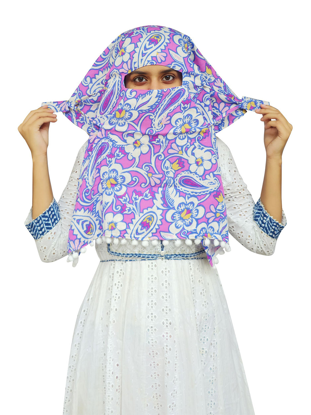 SWITCHON Women Ethnic Motifs Printed Scarf with Pom Pom Border