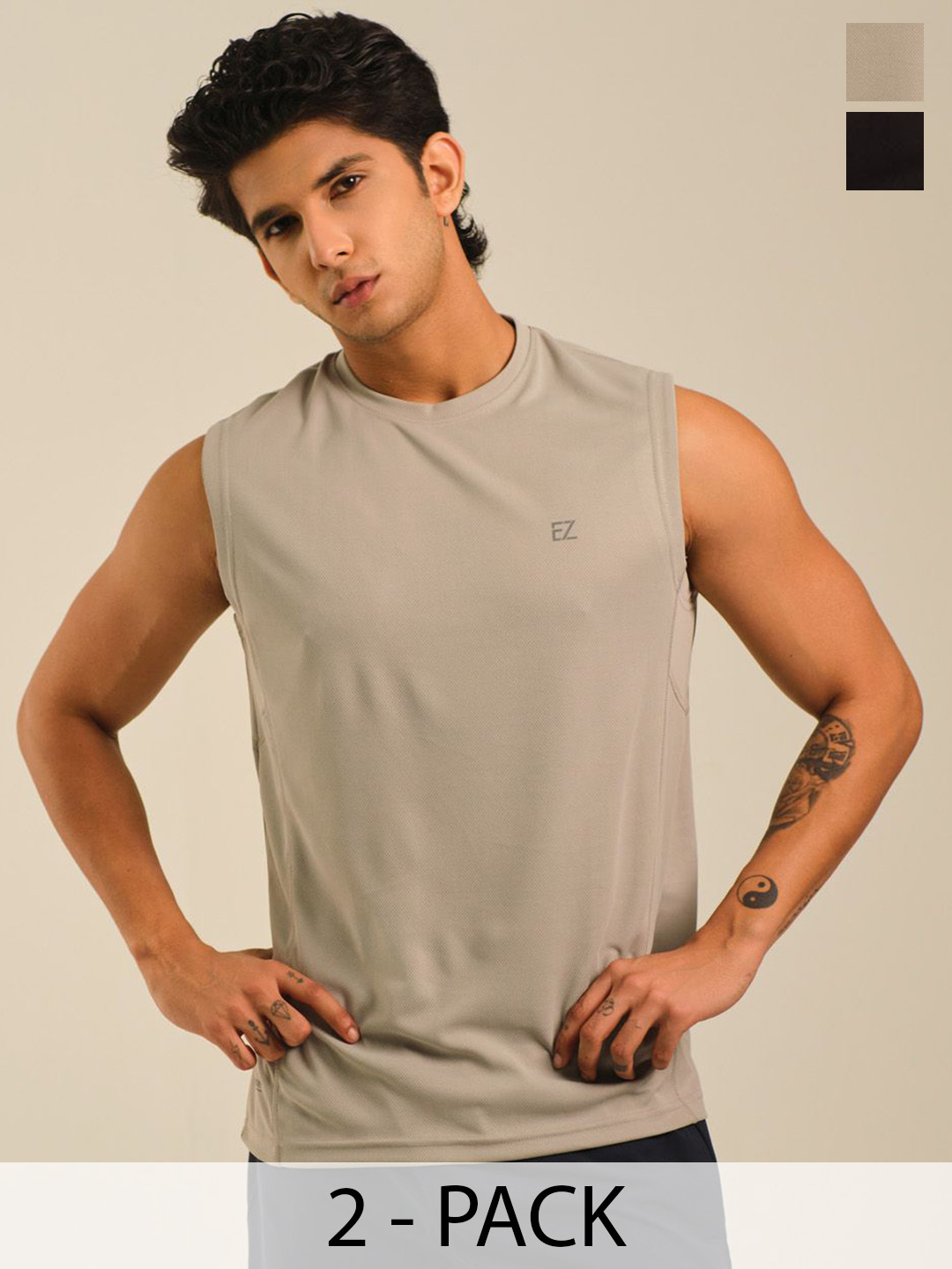 EAZY Pack Of 2 Round Neck Dry-Fit Tank Vests EZ_QDRN_PGREY_BLACK_S