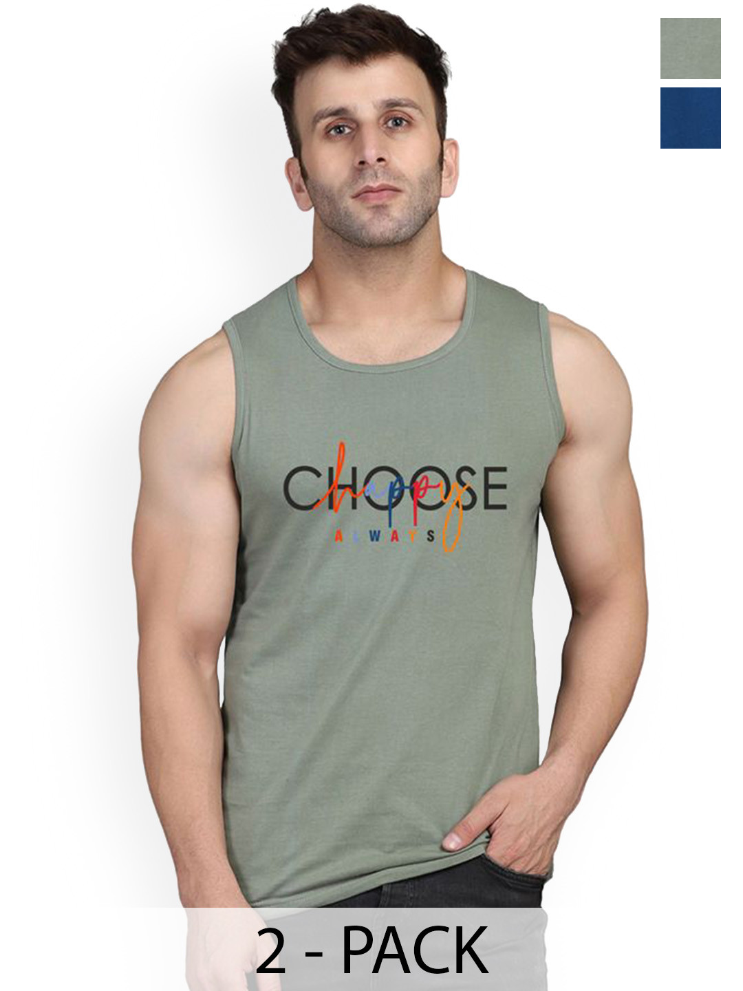 SLOWLORIS Pack Of 2 Printed Combed Cotton Bio-Wash Gym Vests VSL26 CMB(CHS LGTGREEN)(ADV B