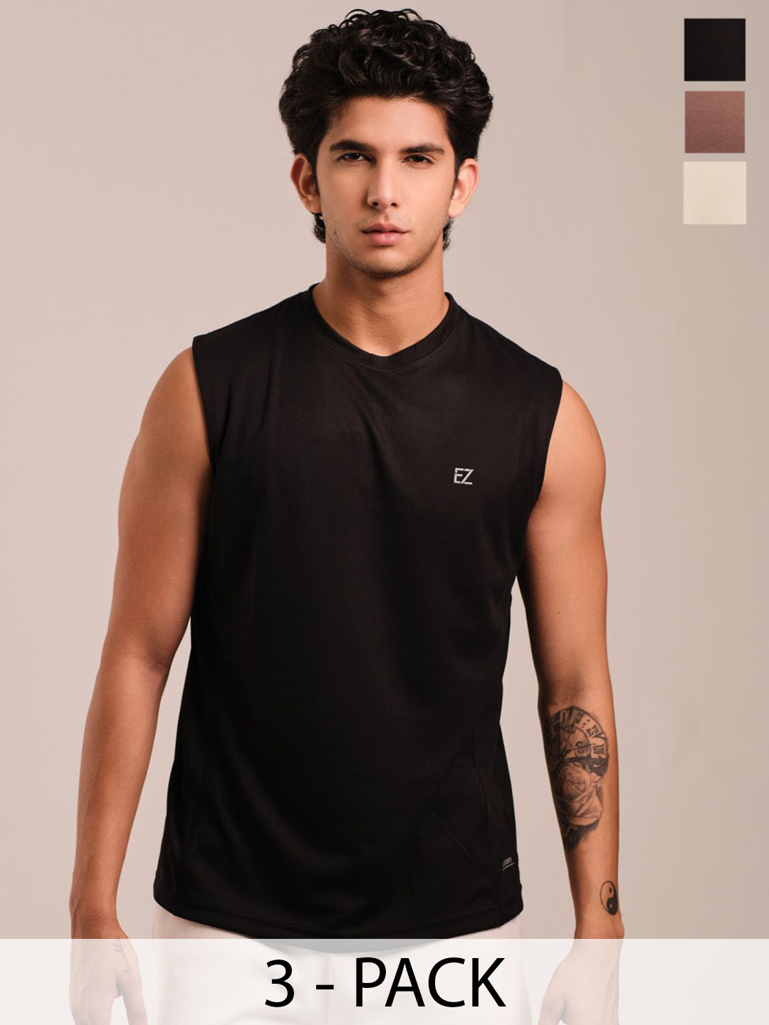 EAZY Pack Of 3 Round Neck Gym Vests EZ_QDRN_WHITE_METALM_BLACK_S