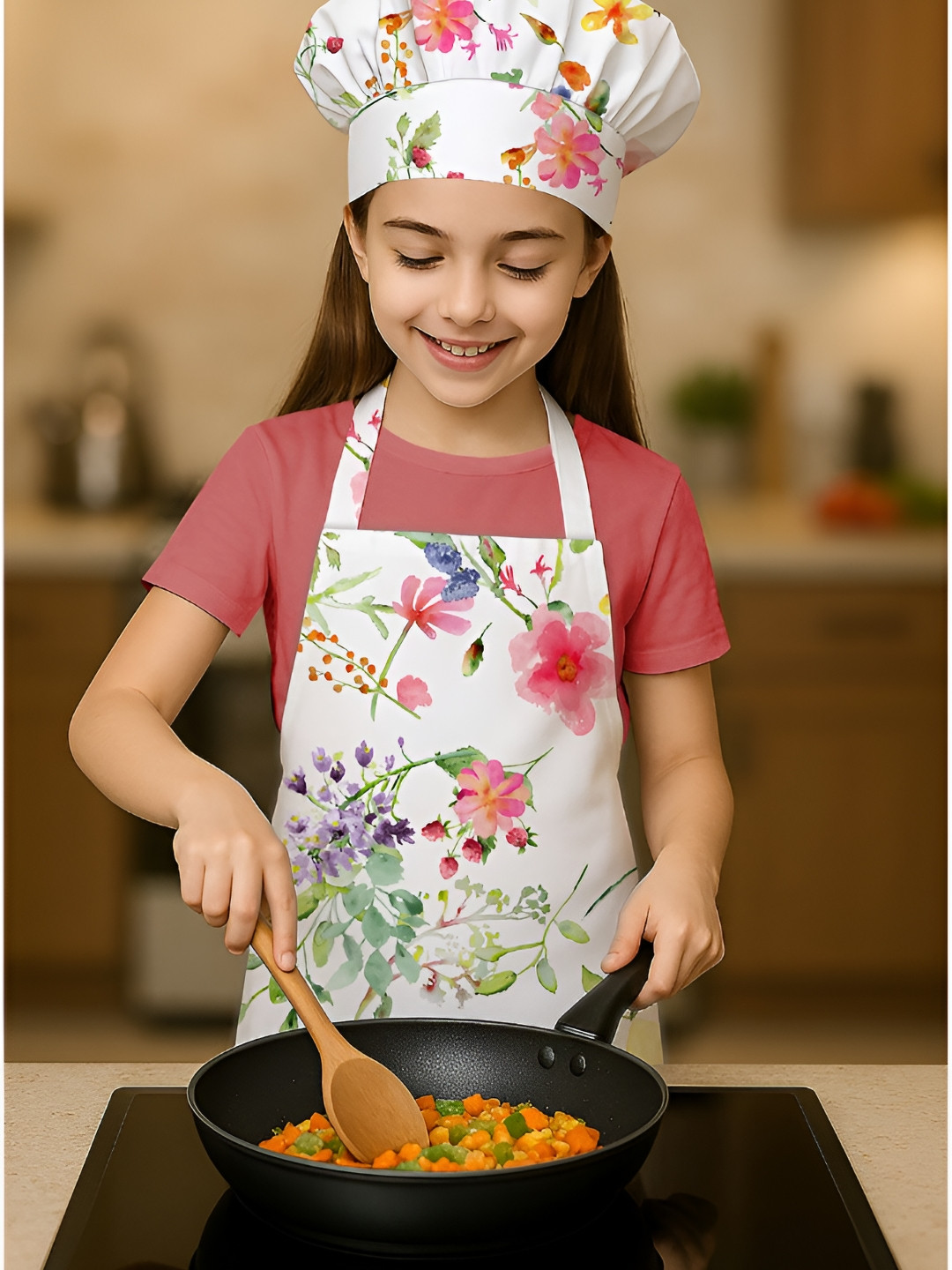 OASIS Kids Floral Printed Cotton Apron With Chef-Cap