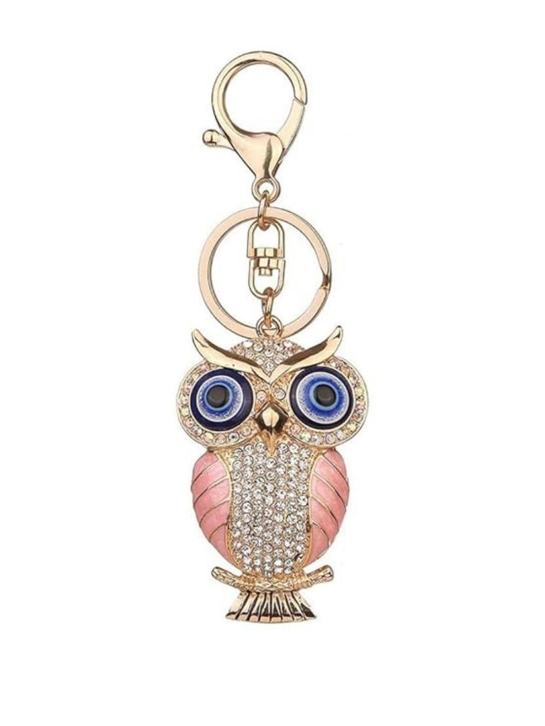 BLUE BEADS Gold Color with Evil Eye Crystal Owl Keychain