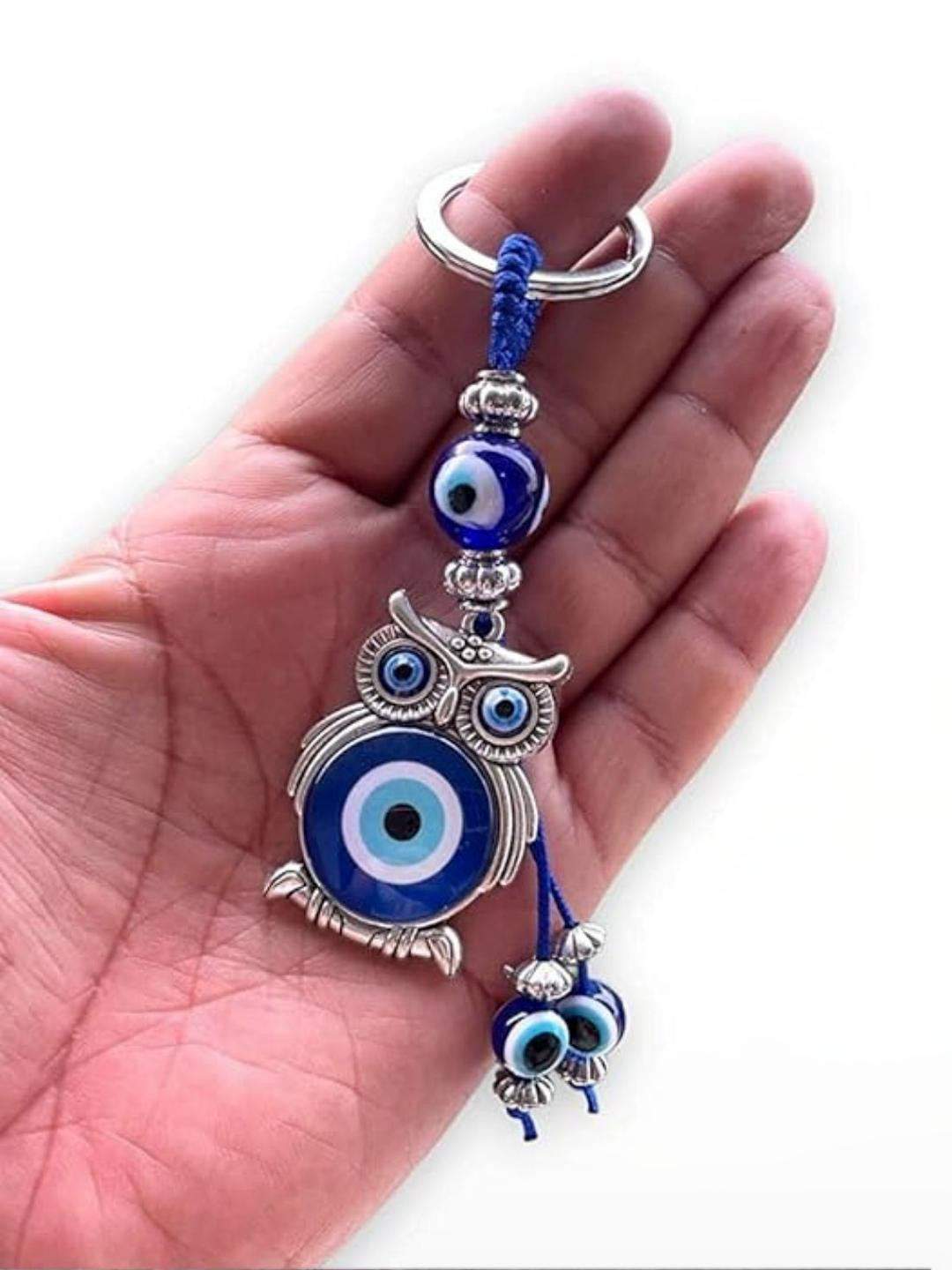 BLUE BEADS Blue and Silver Evil Eye with Lucky Owl Keychain