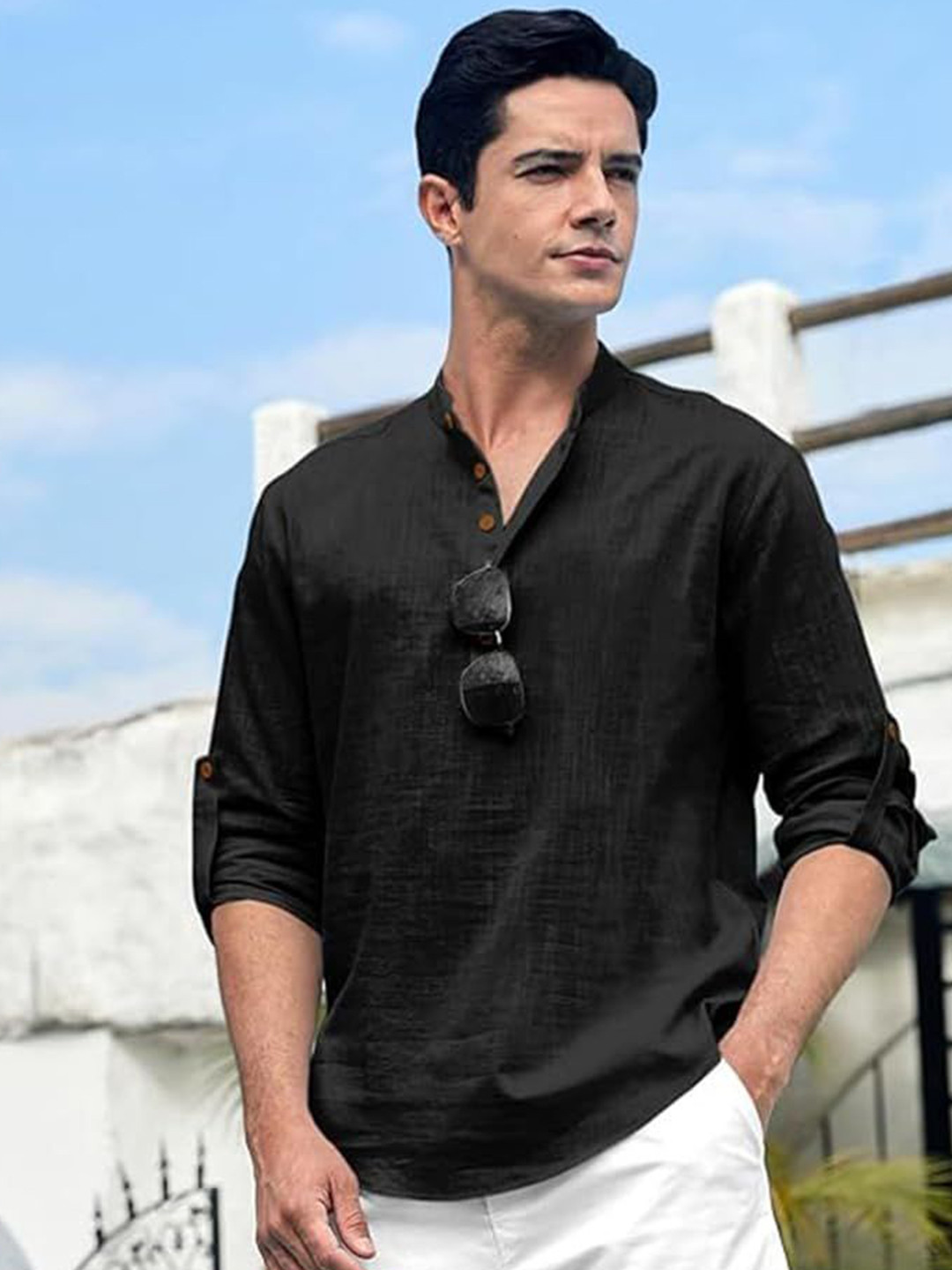 Yugnik Mandarin Collar Full Sleeve Cotton Slim Fit Short Kurta