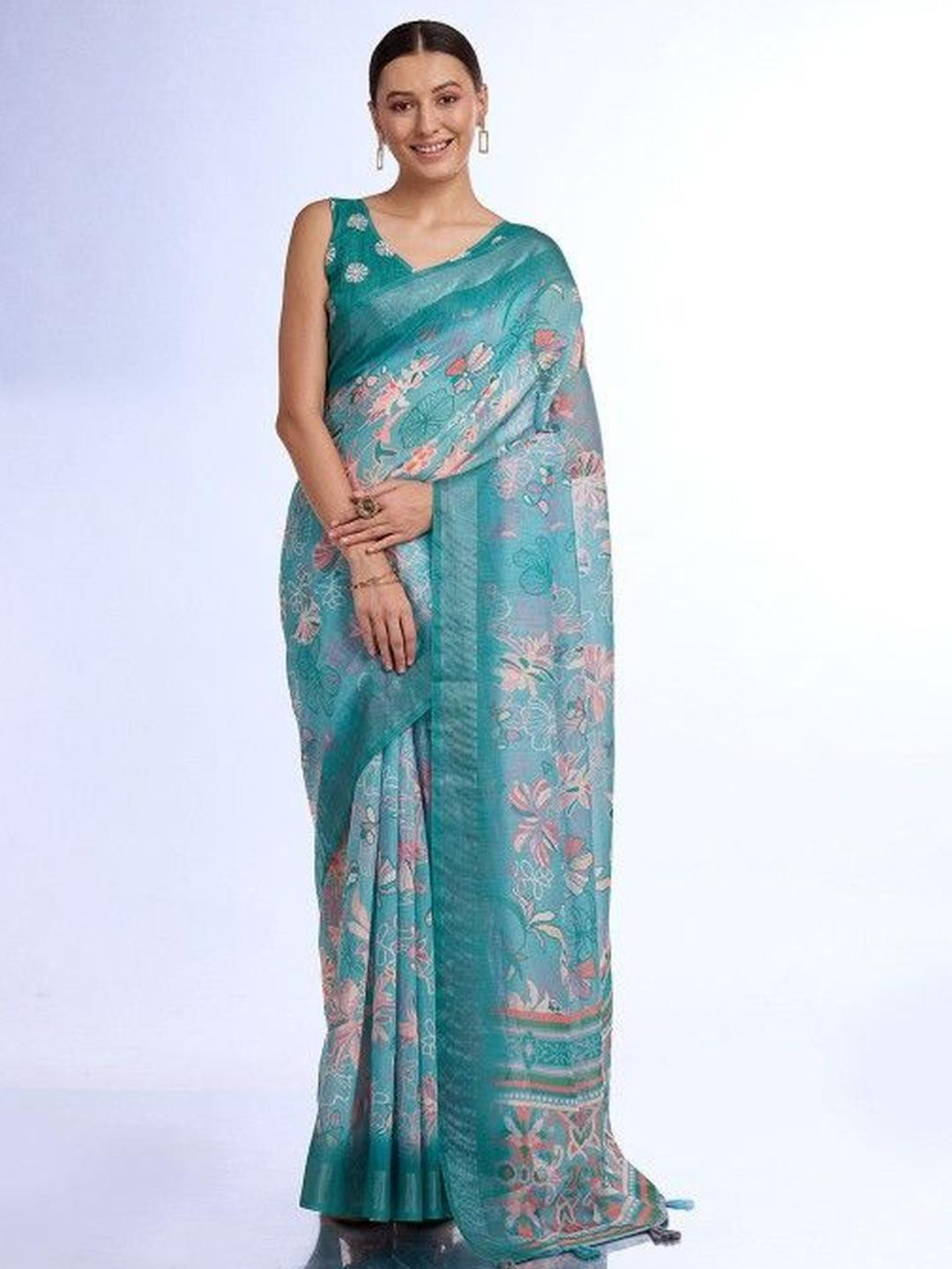 KARAGIRI Teal Linen Floral Printed Saree With Blouse Piece