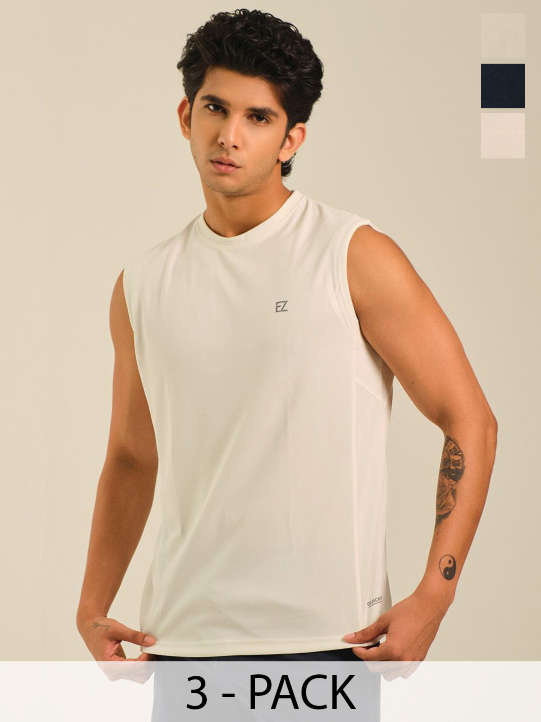 EAZY Pack Of 3 Round Neck Gym Vests EZ_QDRN_WHITE_NAVY_PGREY_S