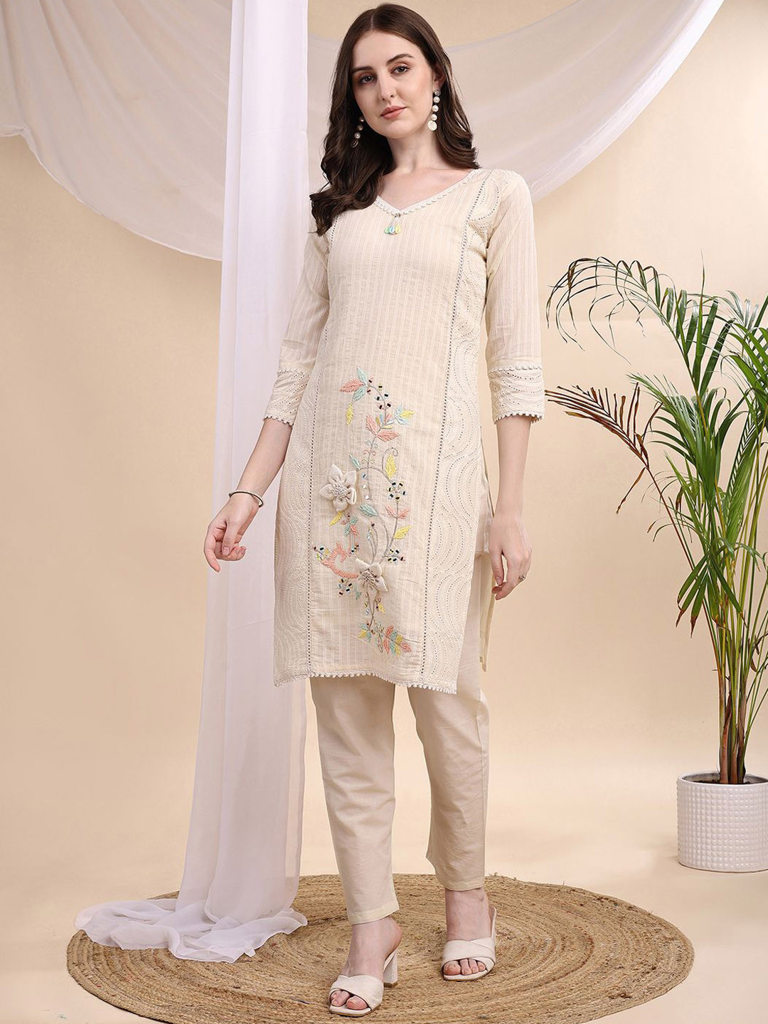 KALINI Women Mirror & Hand Embroidered Cotton Tunic & Trousers Co-Ord