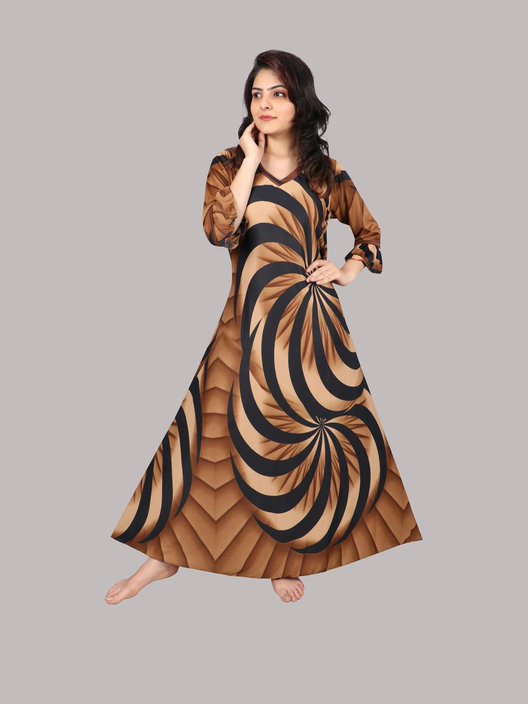 PURSA Women Brown Geometric Printed V-Neck Three Quarter Sleeves Satin Maxi Nightdress