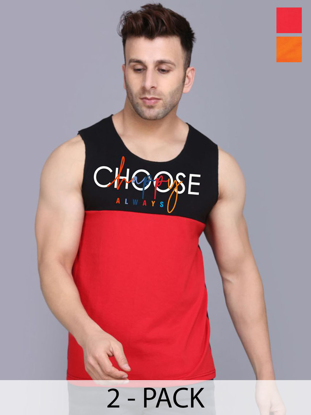 SLOWLORIS Pack Of 2 Printed Combed Cotton Gym Vests VSL26 CMB(CHS BLACKRED)(ZOZO ORANGE)
