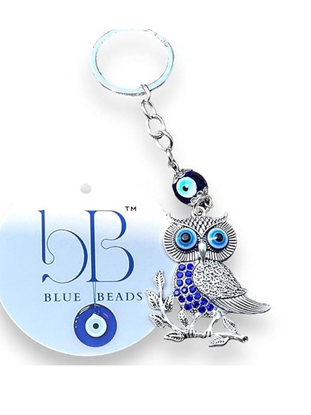 BLUE BEADS Blue Silver Plated Evil Eye Owl Keychain