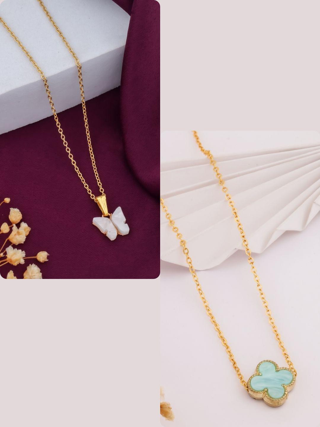 DressBerry Women Set of 2 Blue and White Brass Gold-Plated  Necklace