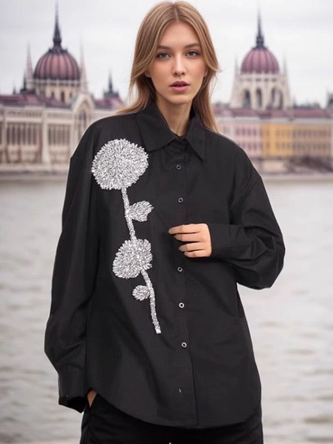 Miss Mosa By Akanksha Black Bjorn Embellished Oversized Shirt