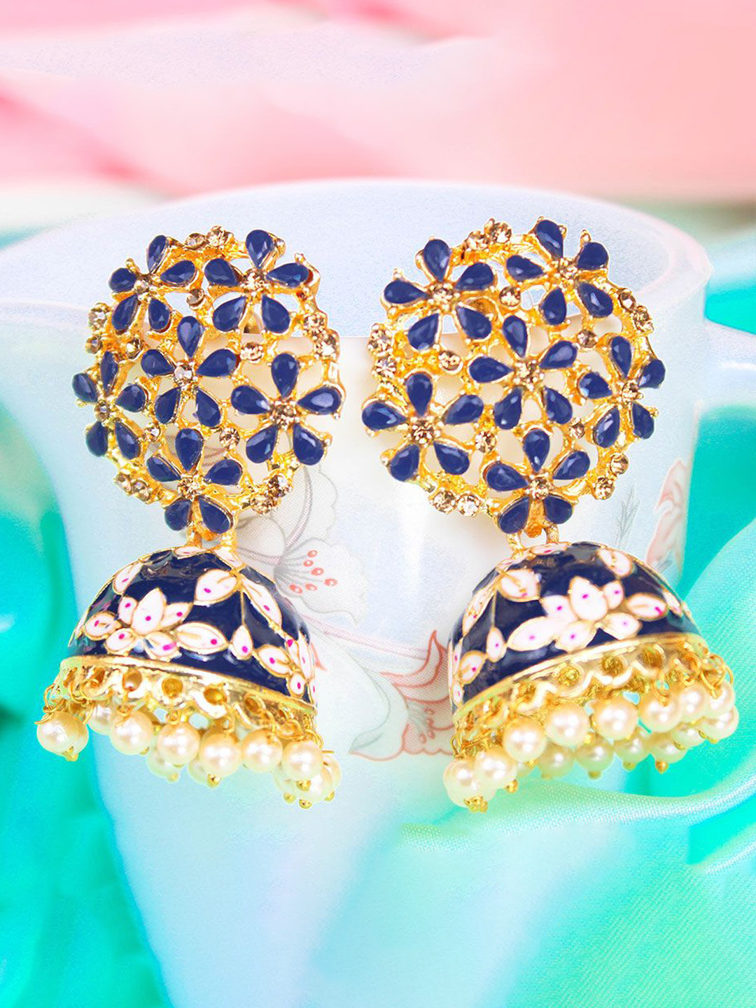 Glamgem Gold-Plated Artificial Stones Studded And Pearls Beaded Dome Shaped Jhumkas
