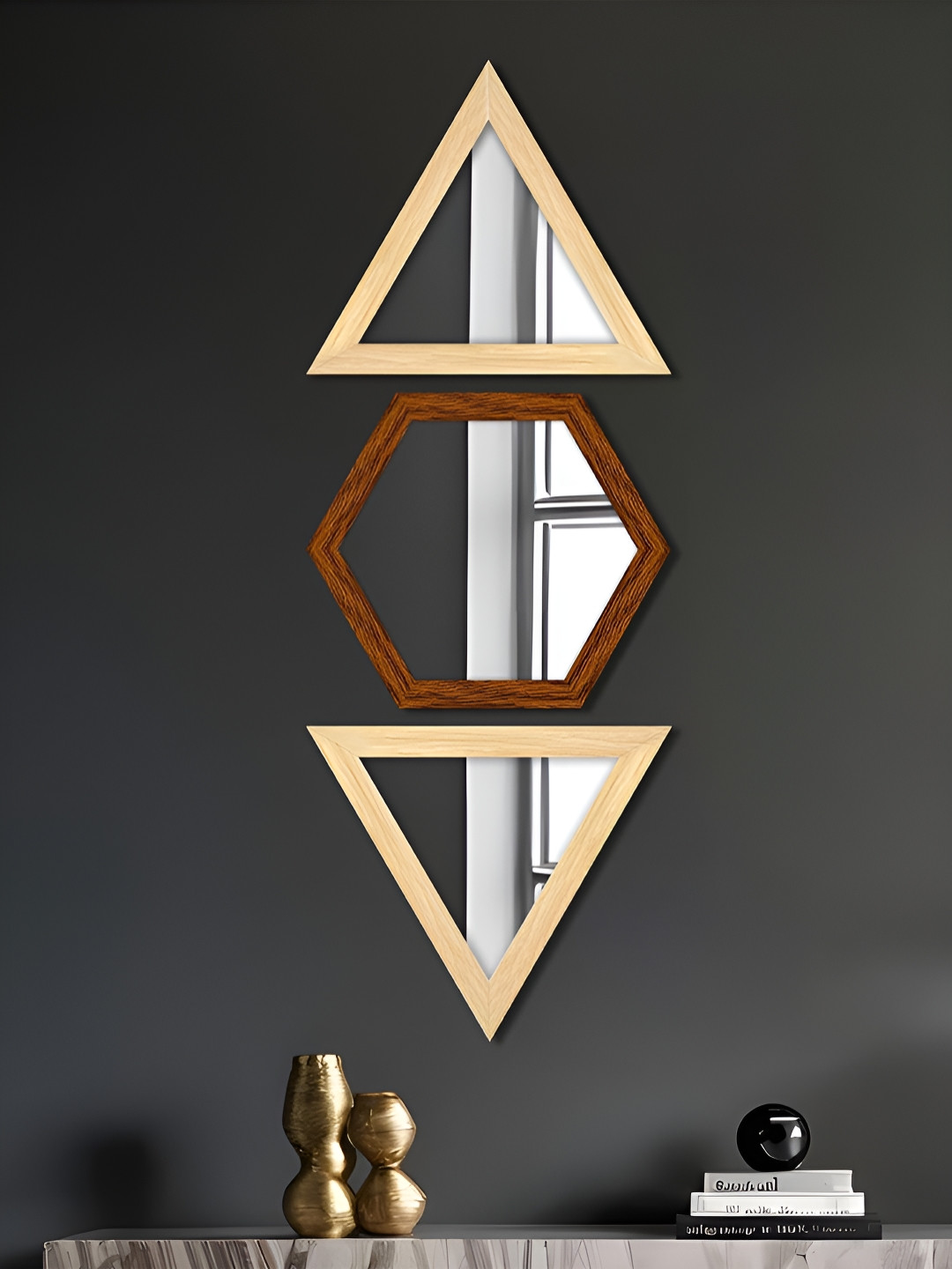 Art Street 3Pcs Beige & Brown Triangular & Hexagon Shape Basin Mirror With Hanging Hook