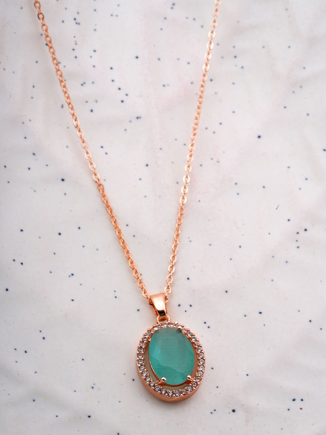 STYOLLO Rose Gold Plated American Diamond Studded Oval Pendant With Chain