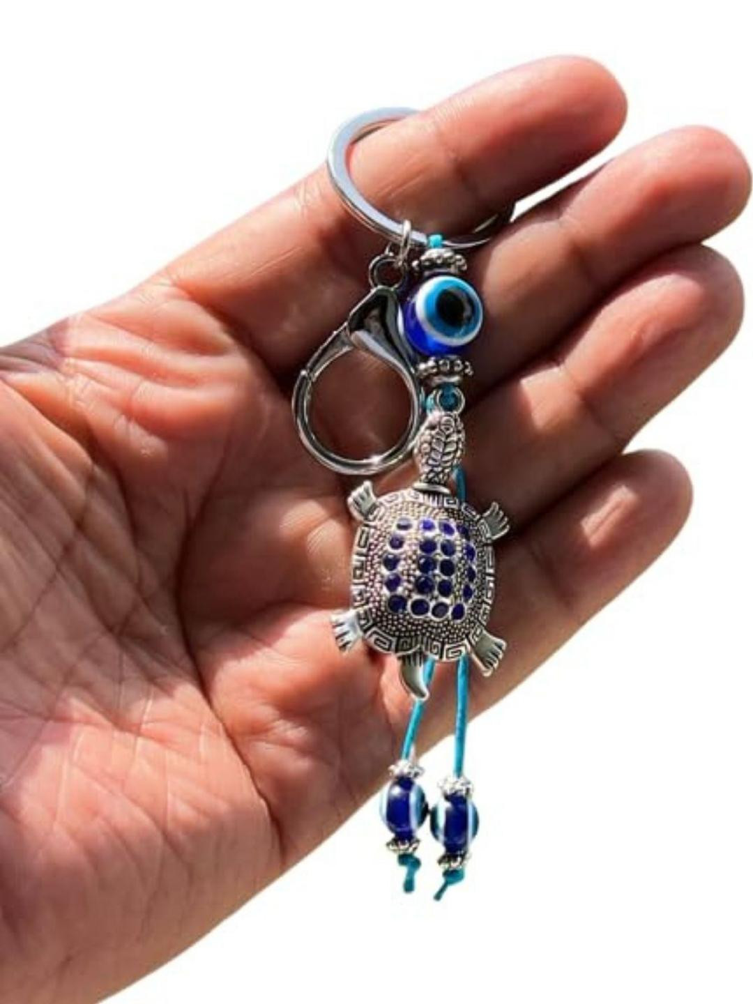 BLUE BEADS Silver Color Blue Evil Eye With Lucky Turtle Keychain