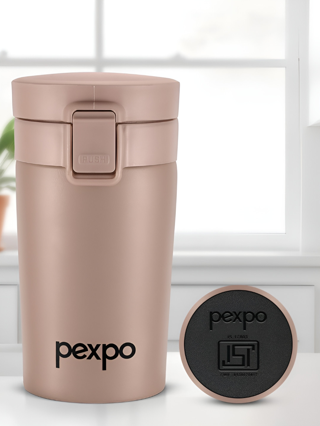 Pexpo Beige & White Brand Logo Printed Stainless Steel Water Bottle-260 ml