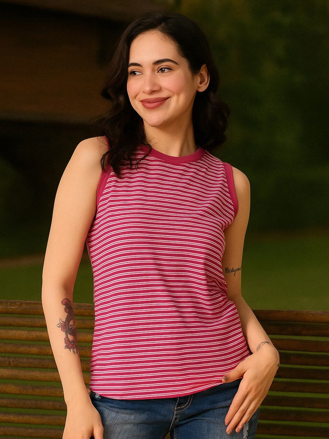 HERE&NOW Women Bio Finish Striped Round Neck Cotton T-shirt