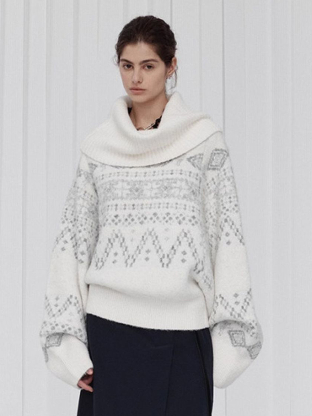 HERE&NOW Women Fair Isle Self Design Off-Shoulder Pullover