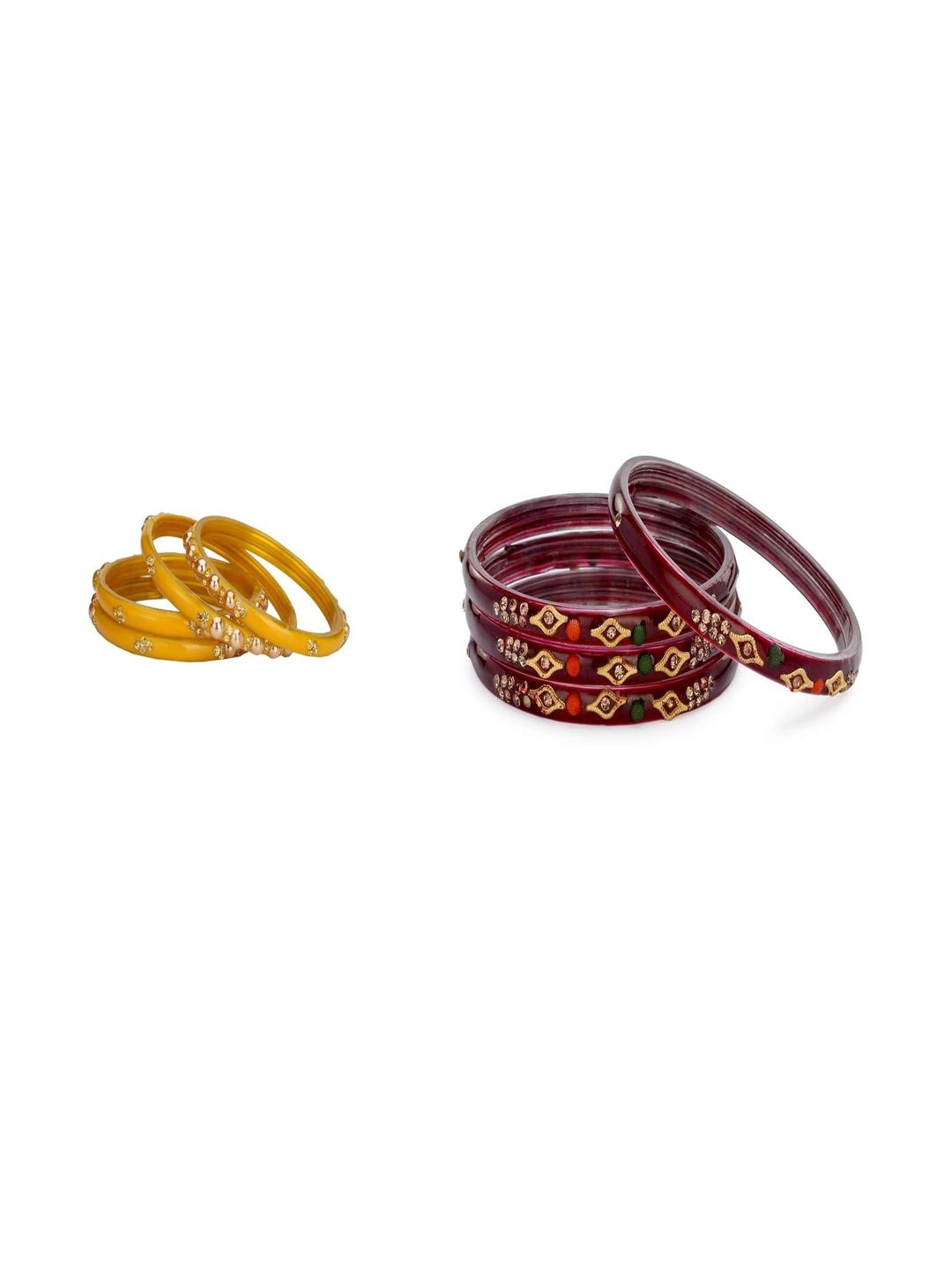 1ST TIME Set  of 2 Yellow & Marron Alloy Artificial Stones & Beads Bangles
