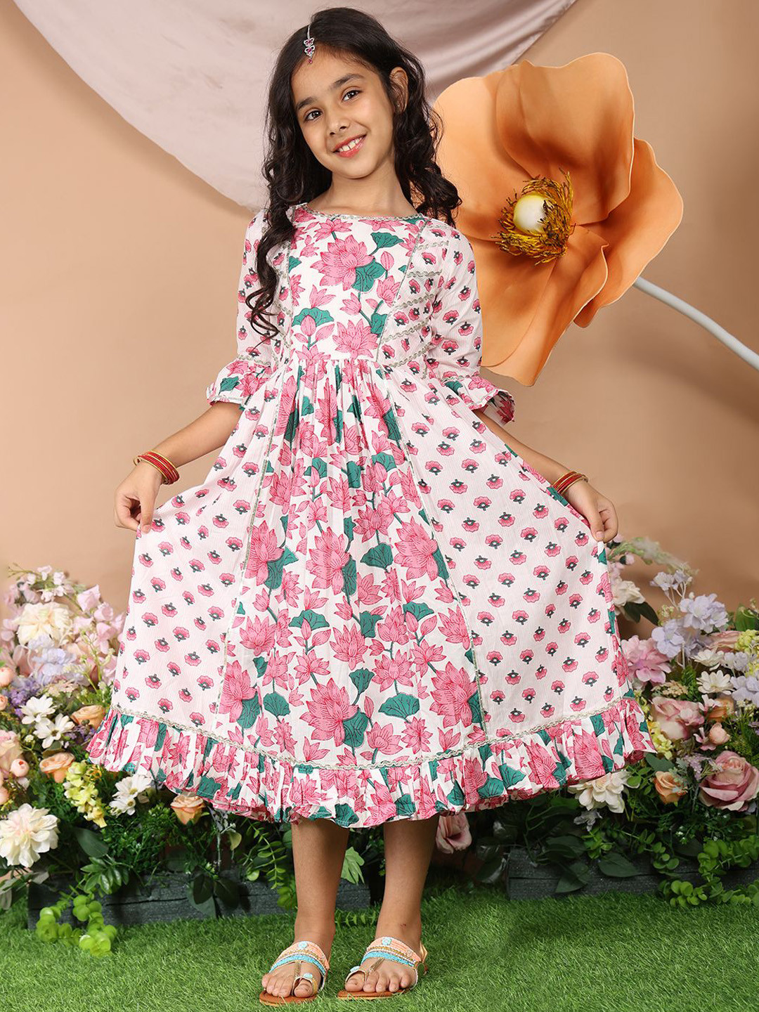 LIL PITAARA Girls Printed Pure Cotton Fit & Flare Midi Dress