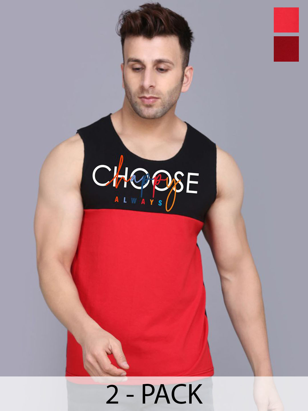 SLOWLORIS Pack Of 2 Printed Combed Cotton Bio-Wash Gym Vests VSL26 CMB(CHS BLACKRED)(PLAIN