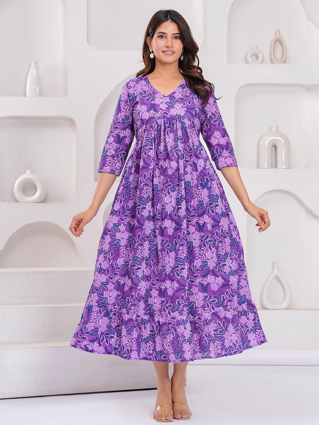 Machla Floral Printed V Neck Pure Cotton A-Line Maternity Ethnic Dress