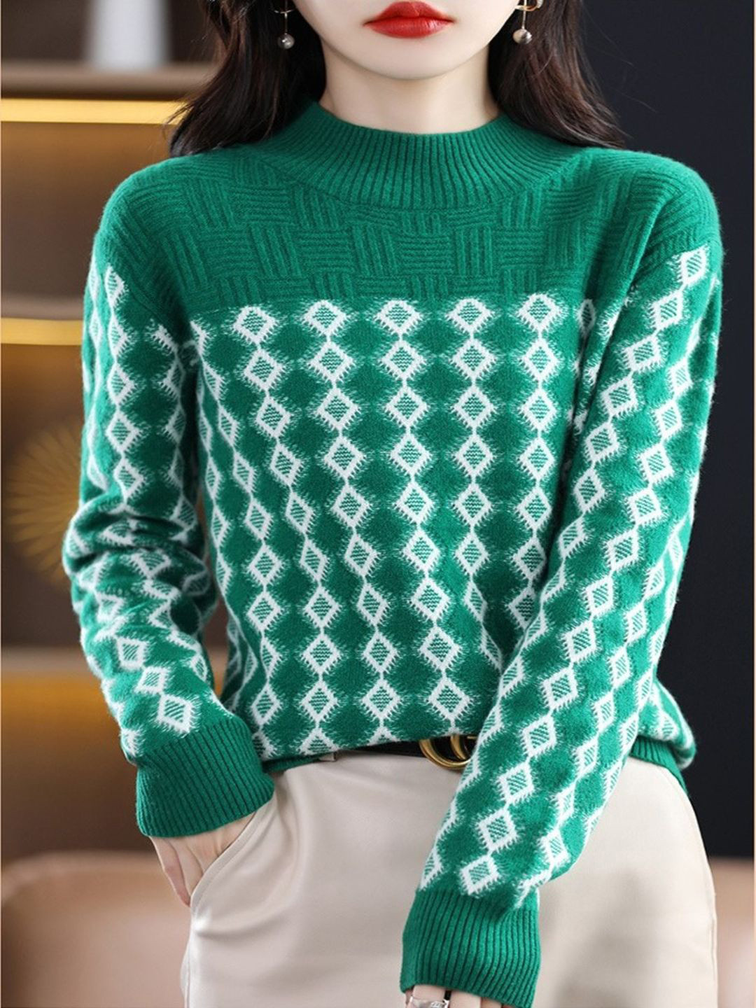 StyleCast Women Argyle Self Design Pattern Cotton Mock Neck Sweater