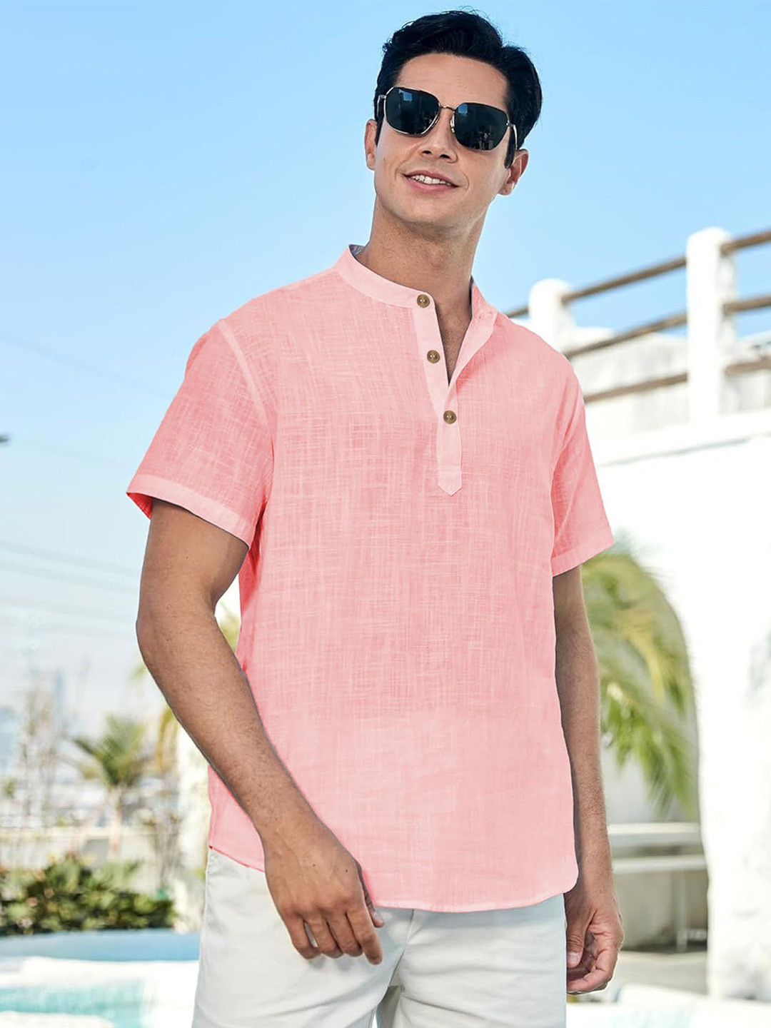Yugnik Mandarin Collar Roll-Up Sleeves Cotton Kurta