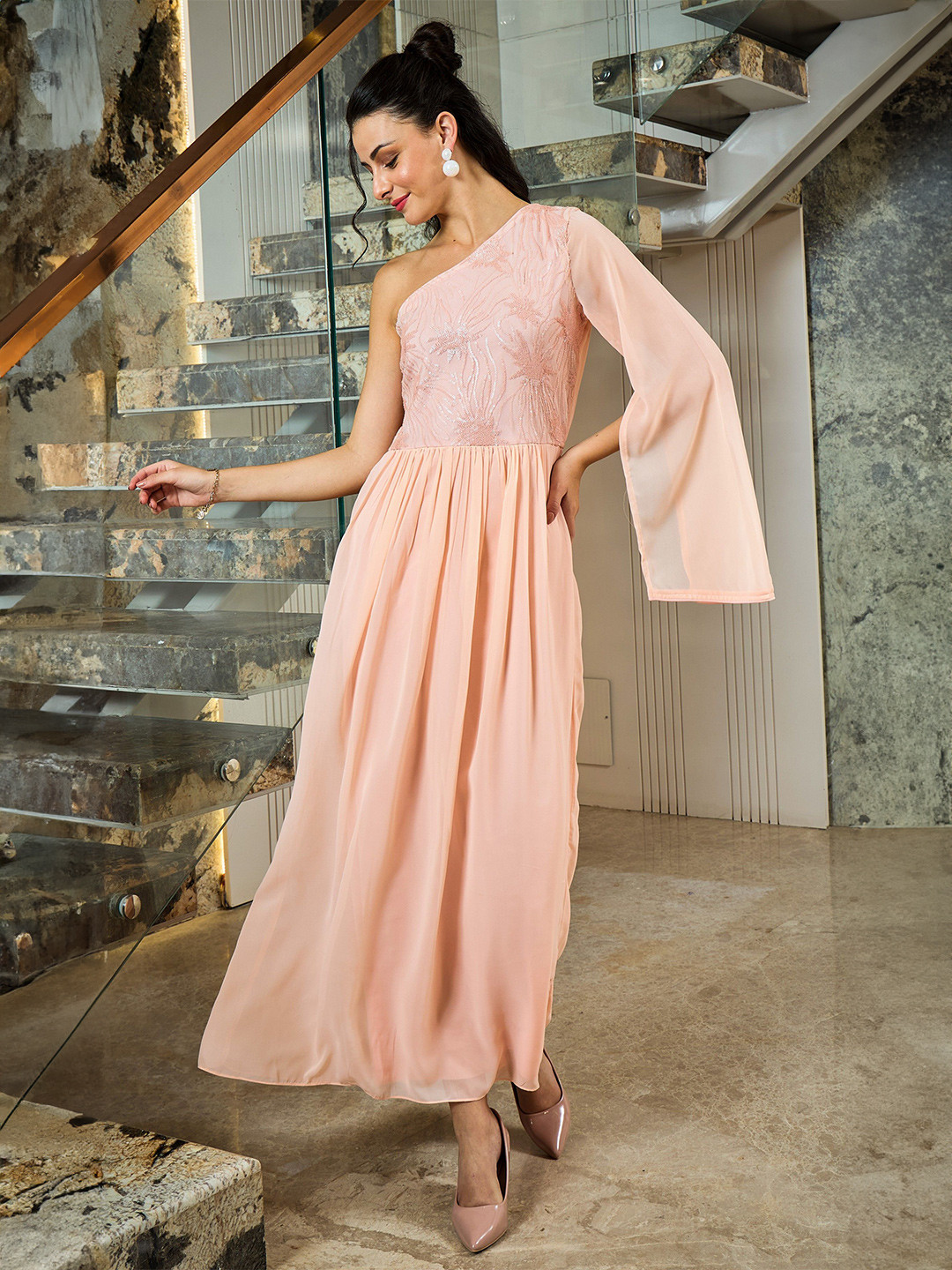 Shally Bhasin by Athena Women Embellished Slit Sleeves Georgette Fit & Flare Maxi Dress