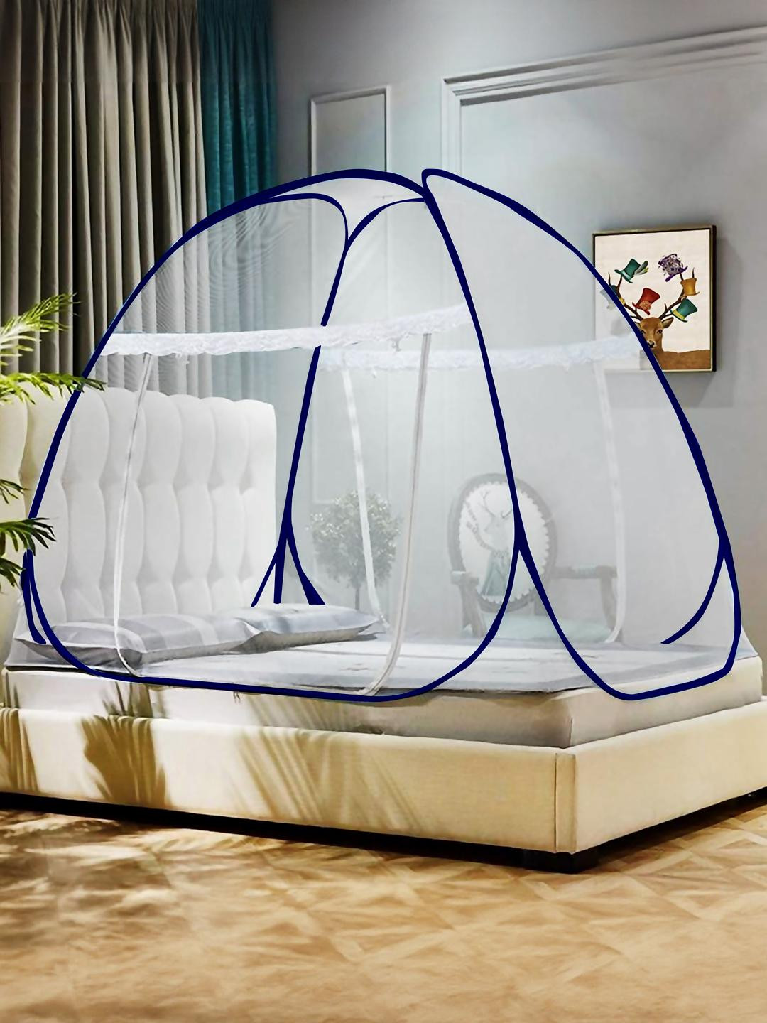 VIV-ATIQ Navy Blue & White Foldable King Size Tent Mosquito Net