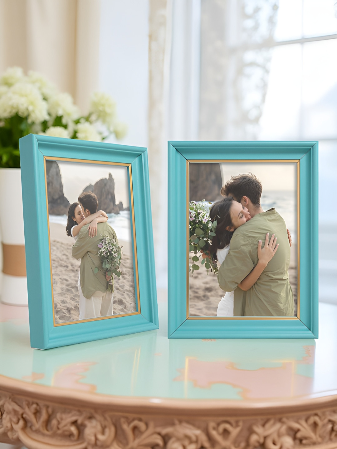 Golden Peacock Turquoise Blue & Gold-Toned 2 Pieces Table Photo Frames