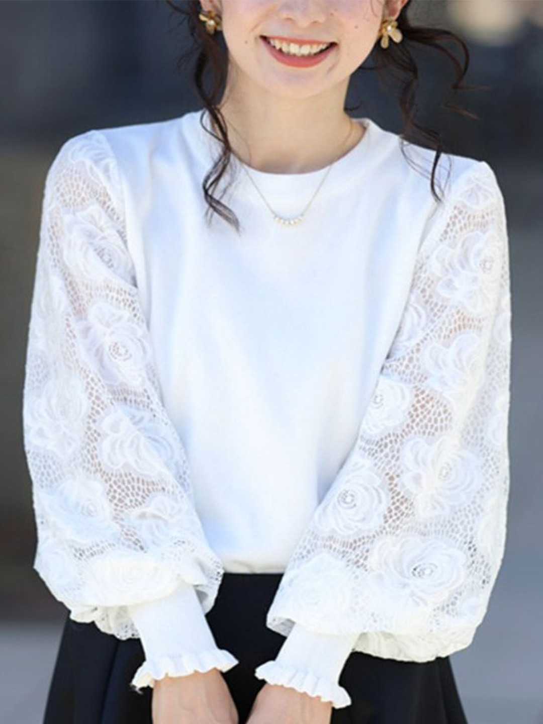 StyleCast Women Floral Lace Design Lace-Up Cuffed Sleeves Cotton Top