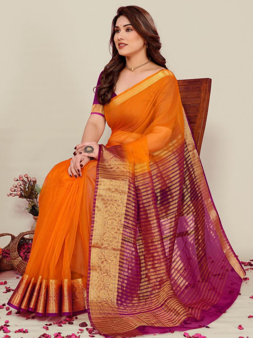 Moda Rapido Zari Organza Saree with Jacquard Border and Matching Blouse Piece