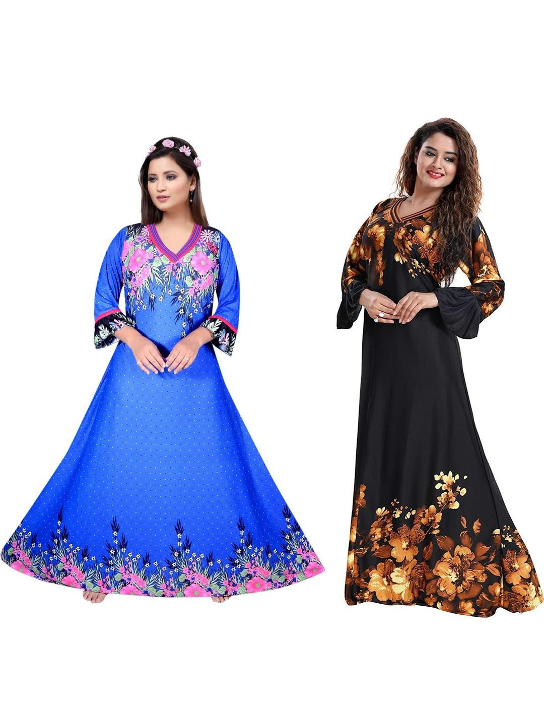 PURSA Women Multi Color Set of 2 Floral Print Full Sleeves Nightdress