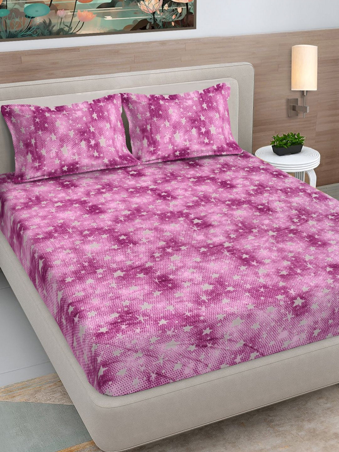 FABINALIV Pink Abstract Woollen 300 TC Fitted Double King Bedsheet Set-2.50mX2.25m