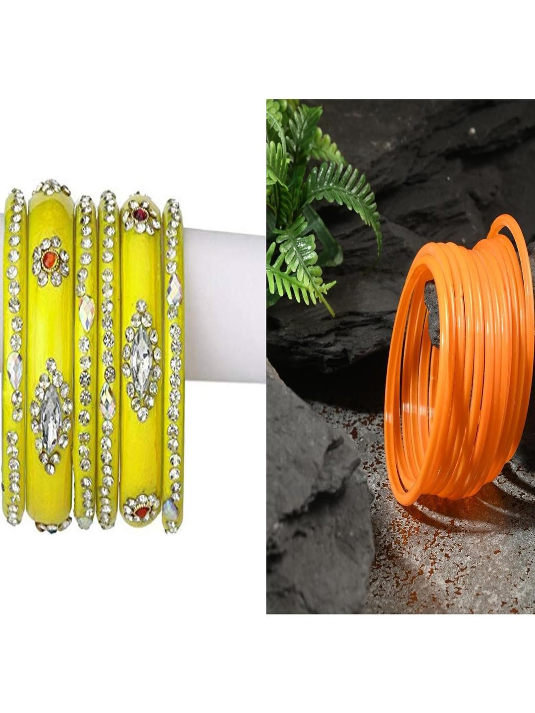 1ST TIME Set Of 18 Yellow & Orange Artificial Stones & Beads Bangles