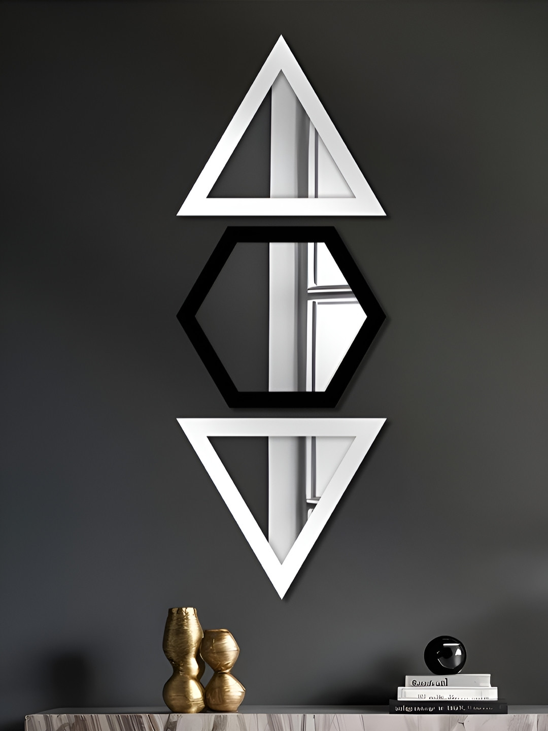 Art Street Black & White 3 Pieces Triangle & Hexagon Hanging Hook Wall Mirrors