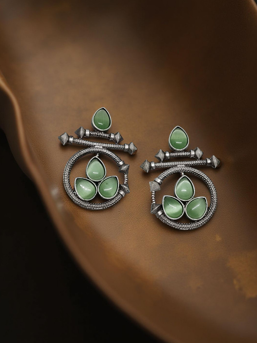 VYRA Aquamarine Studded Oxidised Teardrop Shaped Drop Earrings