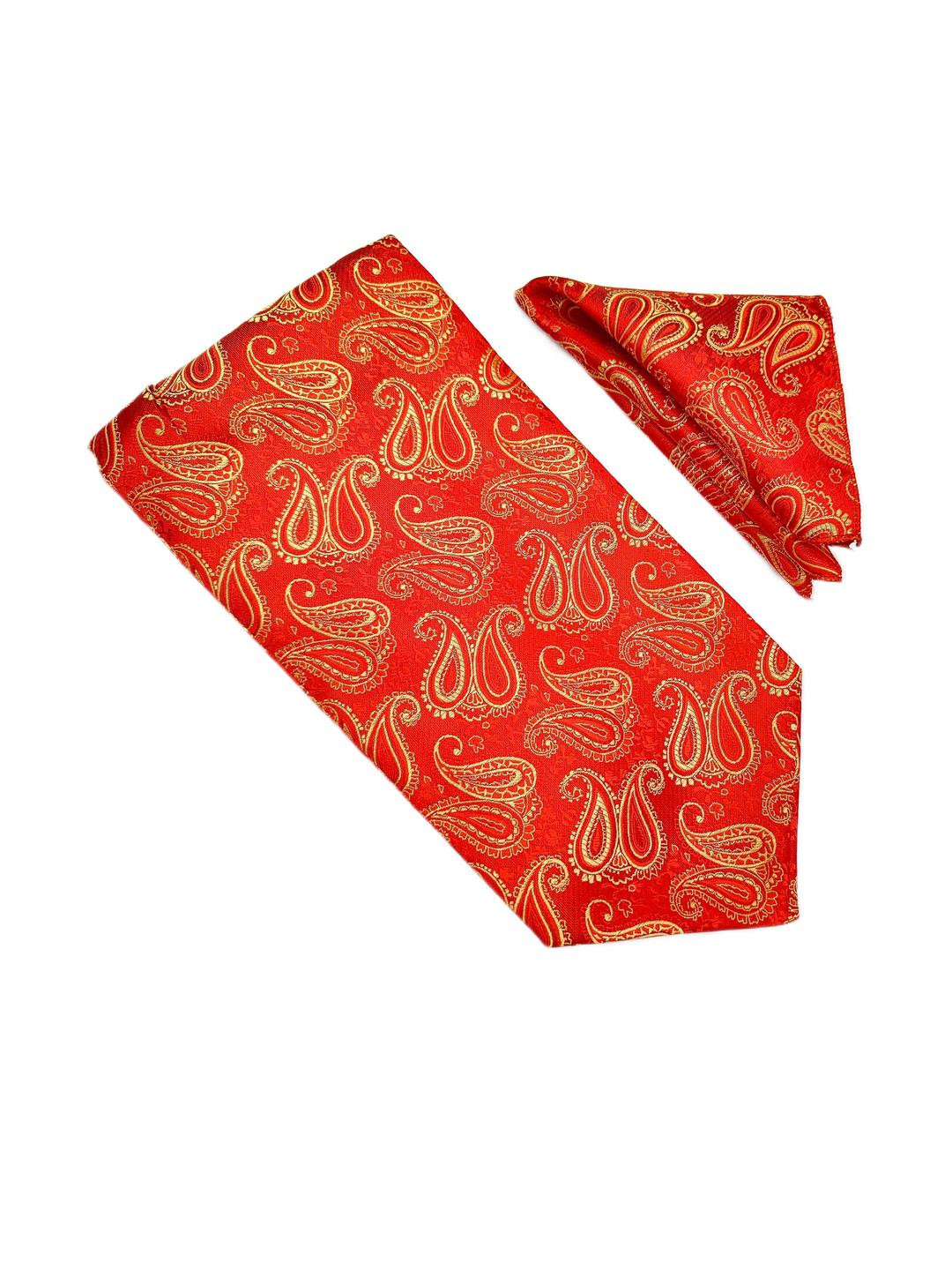 VOICI Men Red & Gold Paisley Printed Microfiber Ascot Tie & Pocket Square
