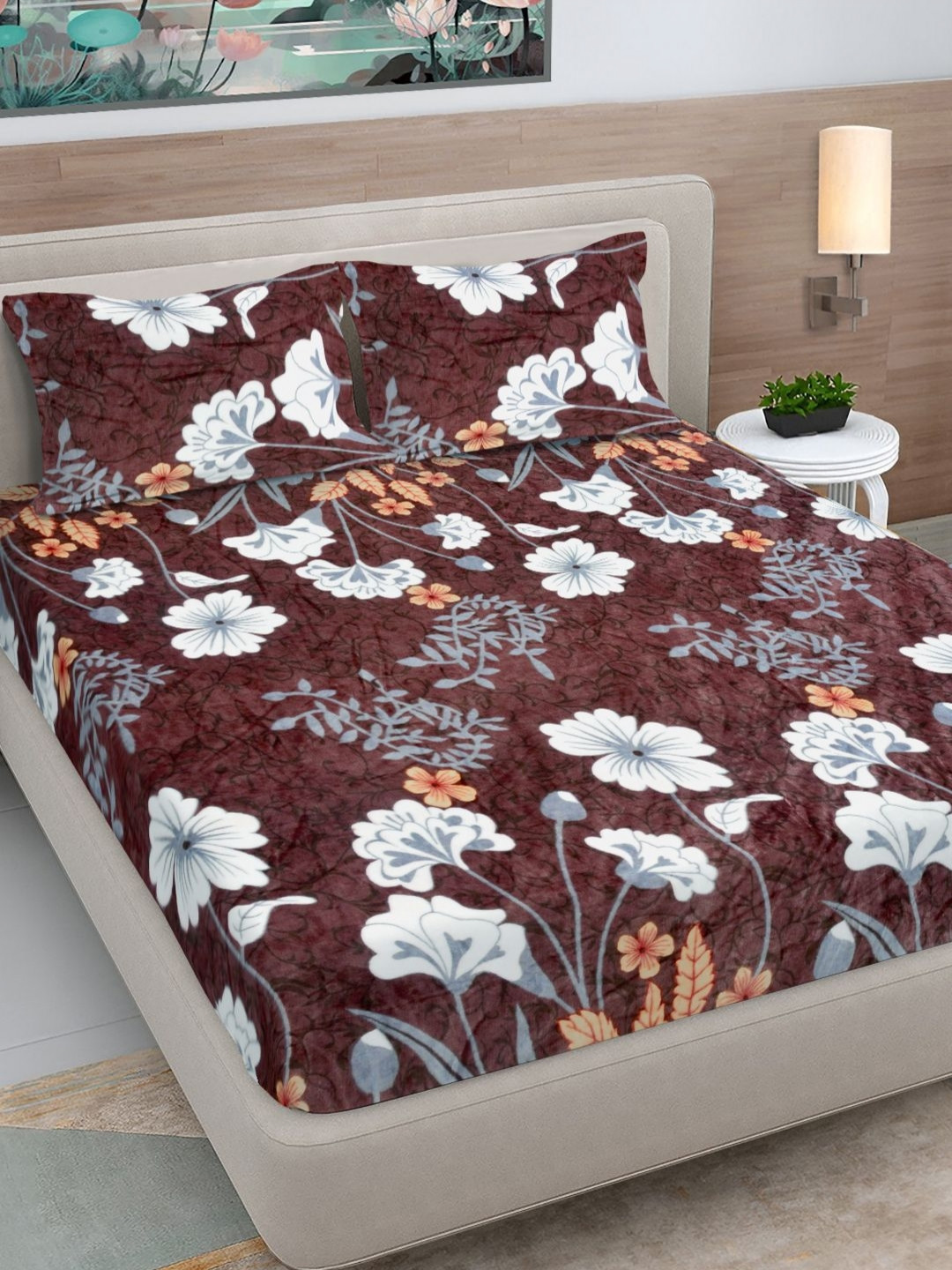 FABINALIV Brown & White Floral Woollen 300 TC Fitted Double King Bedsheet Set-2.50mX2.25m