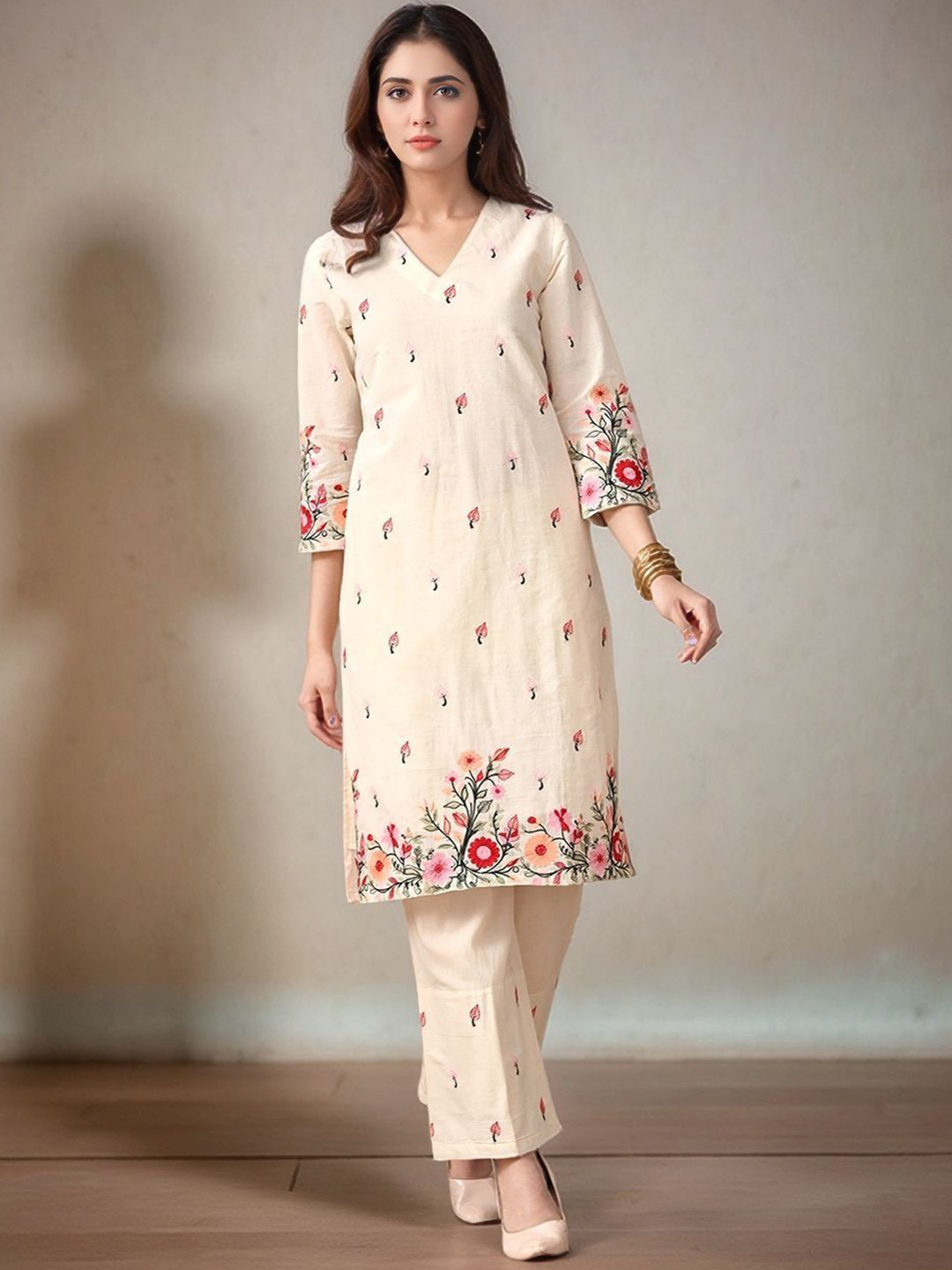 Sangria Thread Floral Embroidered Pure Cotton V-Neck Kurta & Trousers