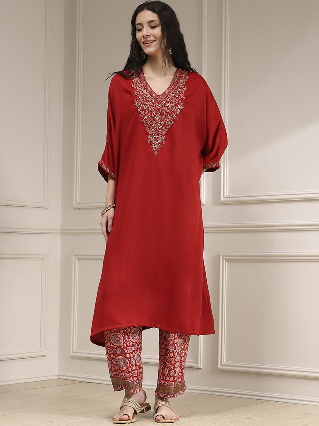 Biba Women Printed V-Neck kaftan and palazzo Co Ord Set