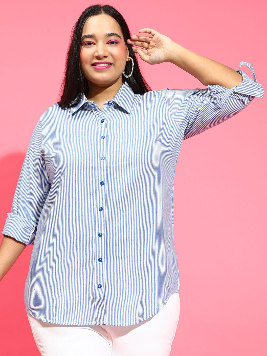 CLOCHOICE Women Plus Size Vertical Striped Spread Collar Cotton Casual Shirt