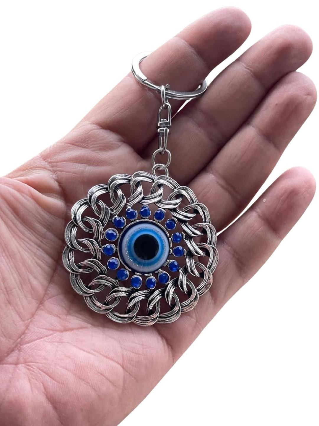 BLUE BEADS Round Blue and Silver Color Evil Eye Keychain