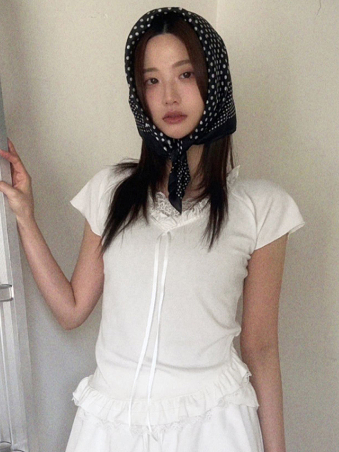 StyleCast Women  V-Neck Short Sleeved Lace Strap Ruffles Top