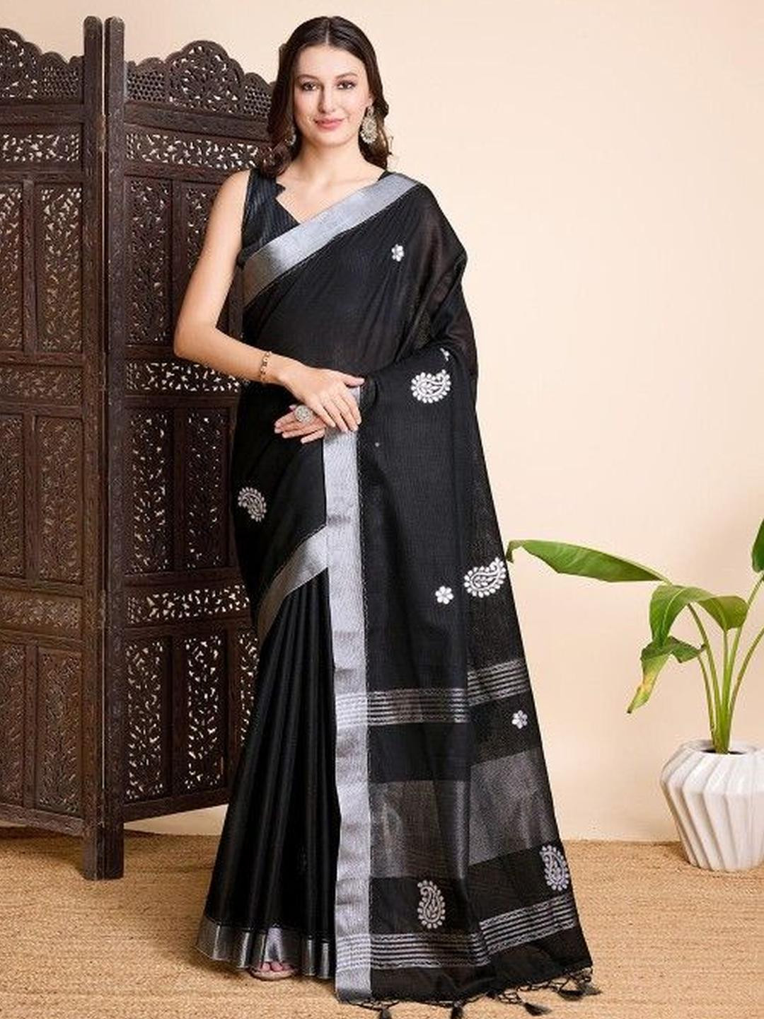KARAGIRI Women Ethnic Motifs Woven Design Zari Black Linen Saree With Blouse Piece