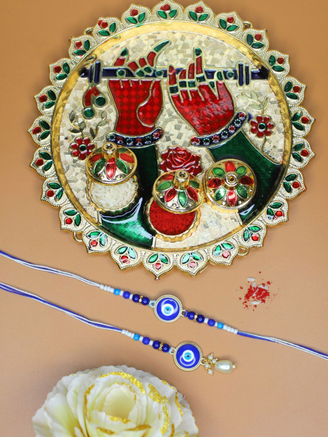 House of Pataudi Set Of 4 Evil Eye Bhaiya Bhabhi Rakhi With Pooja Thali Roli Chawal & Card