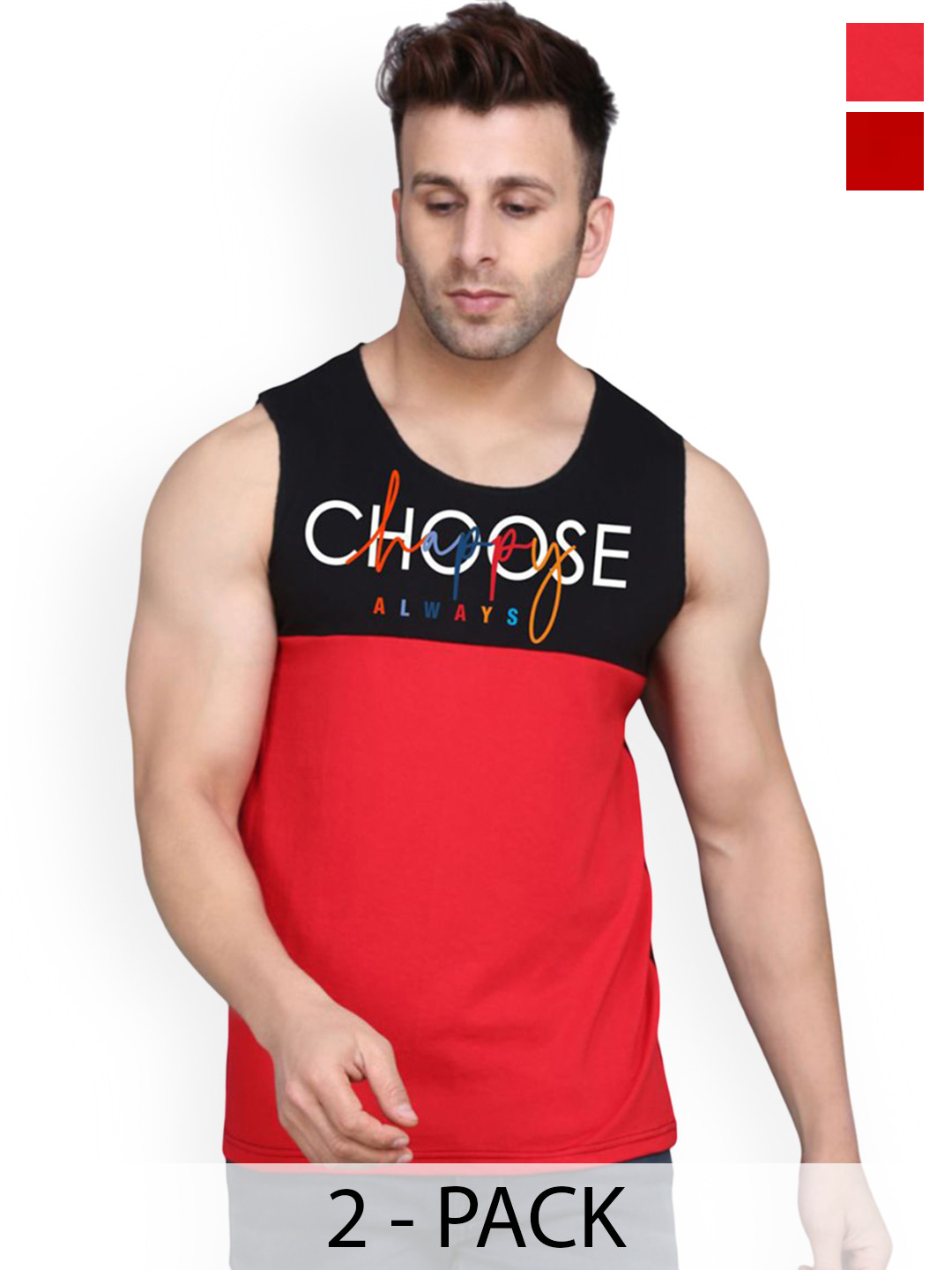 SLOWLORIS Pack Of 2 Printed Scoop Neck Gym Vests VSL26 CMB(CHS BLACKRED)(LOUD RED)